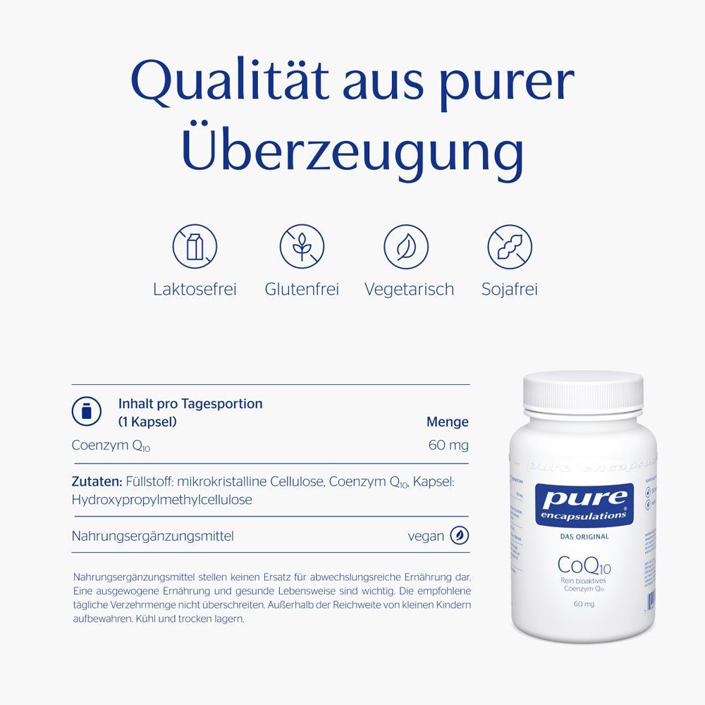 Flasche Pure Encapsulations CoQ10 60mg mit Siegeln für Laktose-, Gluten-, Sojafrei und Vegetarisch.