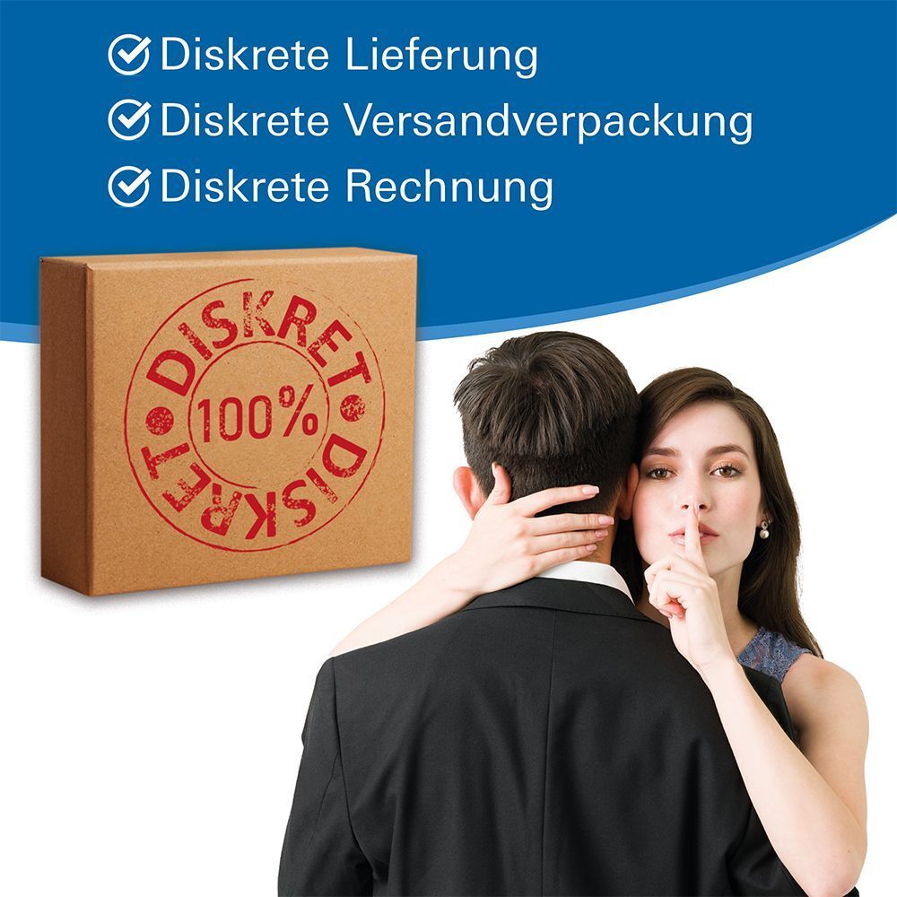 Ein Paar und eine Schachtel mit dem Aufdruck 'Diskret 100%'.