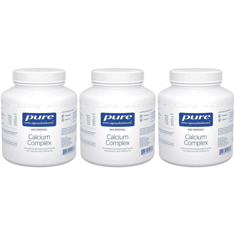 Drei weiße Behälter mit pure encapsulations® Calcium Complex Etiketten.