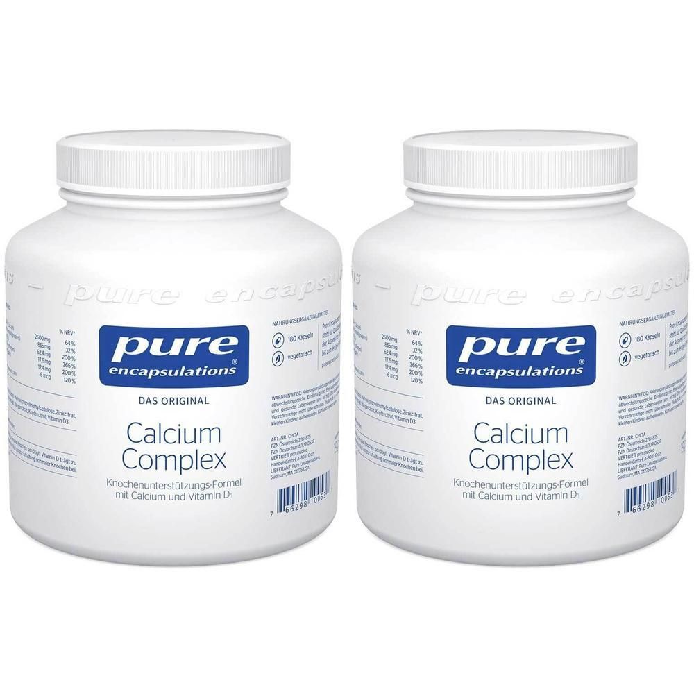 Zwei weiße Behälter mit pure encapsulations® Calcium Complex Etikett.