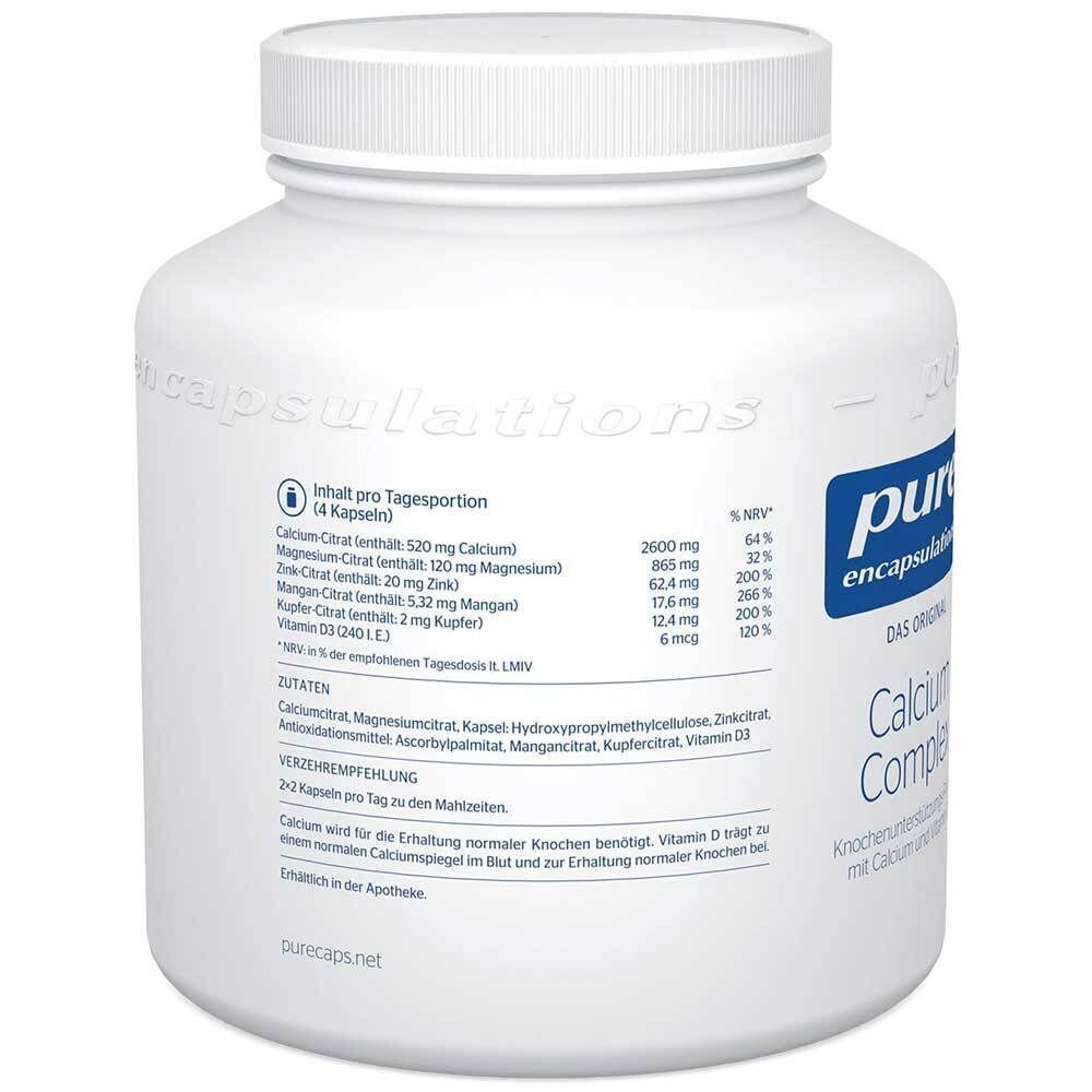 Rückseite eines weißen Behälters mit pure encapsulations® Calcium Complex, Zutaten und Nährwertangaben pro Tagesportion.