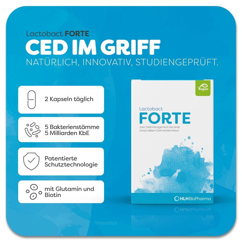 Verpackung von Lactobact FORTE mit Informationen zu Kapseln, Bakterienstämmen, Schutztechnologie, Glutamin und Biotin.