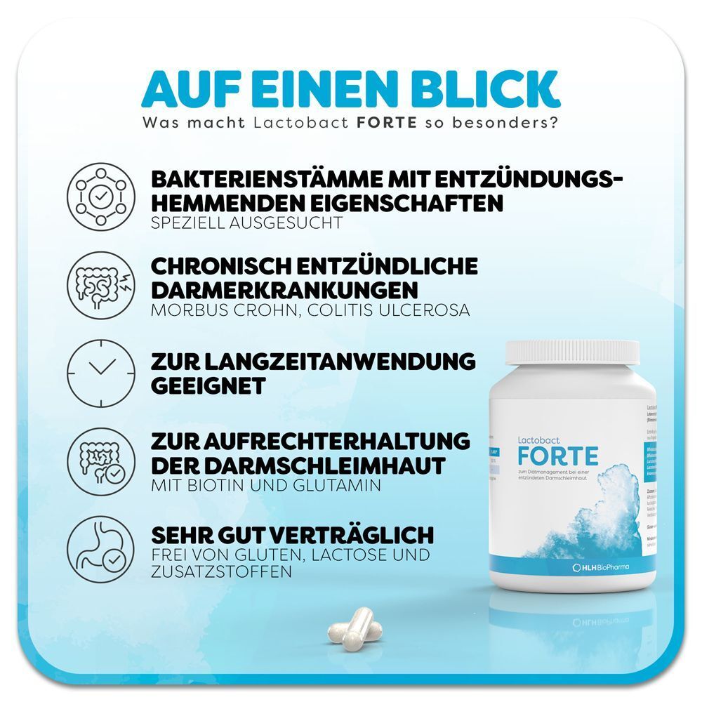 Lactobact FORTE Behälter und Kapseln mit Merkmalen wie entzündungshemmenden Stämmen, Langzeitanwendung und Verträglichkeit.