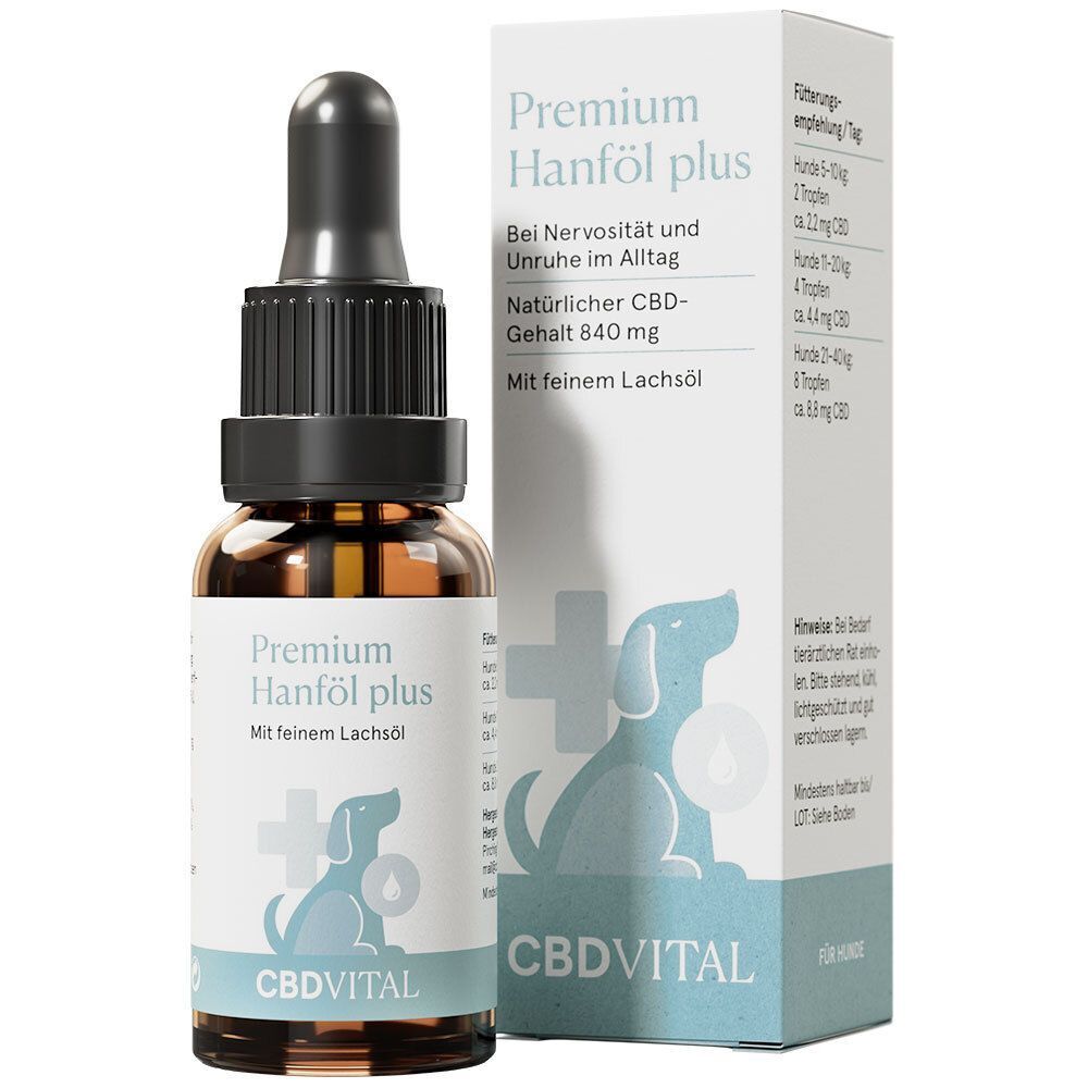 Flasche CBD Hanföl für Hunde mit Pipette und Verpackung. Blaue Hundegrafik und Dosierungsempfehlung auf weißem Karton.