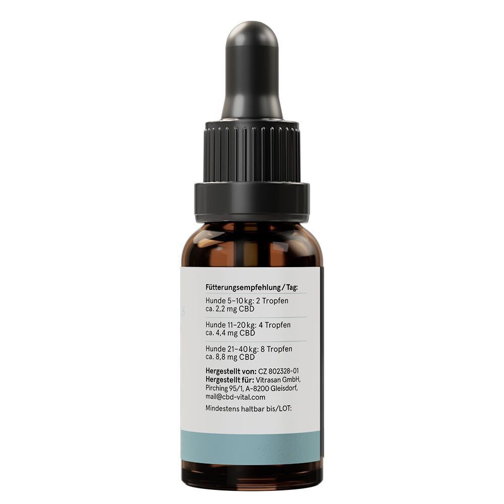 Rückseite einer Flasche CBD Hanföl für Hunde. Enthält Dosierungsempfehlungen und Herstellerinformationen.