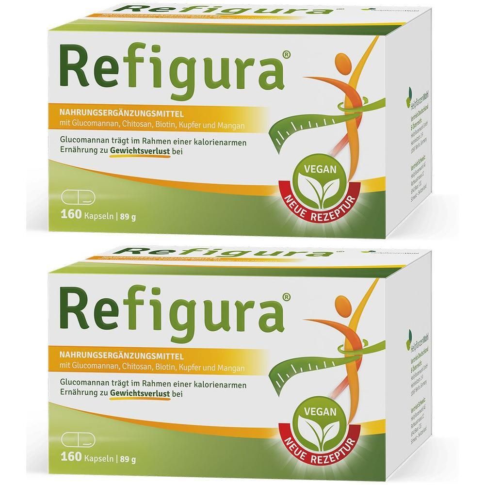 Zwei Packungen Refigura Kapseln, Nahrungsergänzungsmittel zur Gewichtsreduktion, vegan, 160 Kapseln pro Packung.