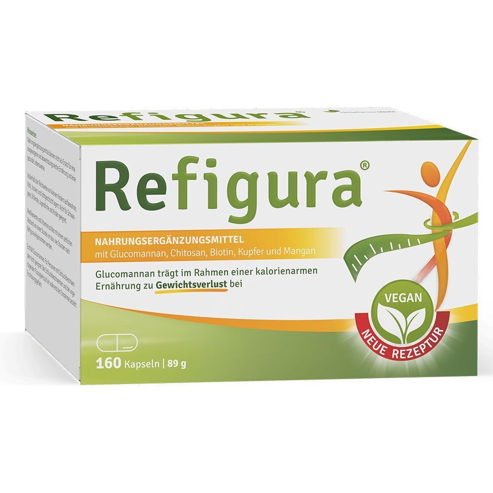 Eine Packung Refigura Kapseln, Nahrungsergänzungsmittel zur Gewichtsreduktion, vegan, 160 Kapseln.
