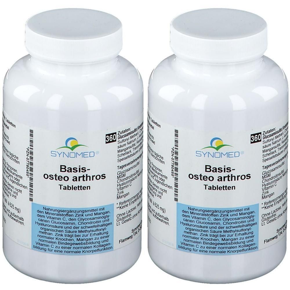 Zwei weiße Flaschen SYNOMED Basis-osteo arthros Tabletten mit Etiketten, die Inhaltsstoffe und Dosierung auflisten.