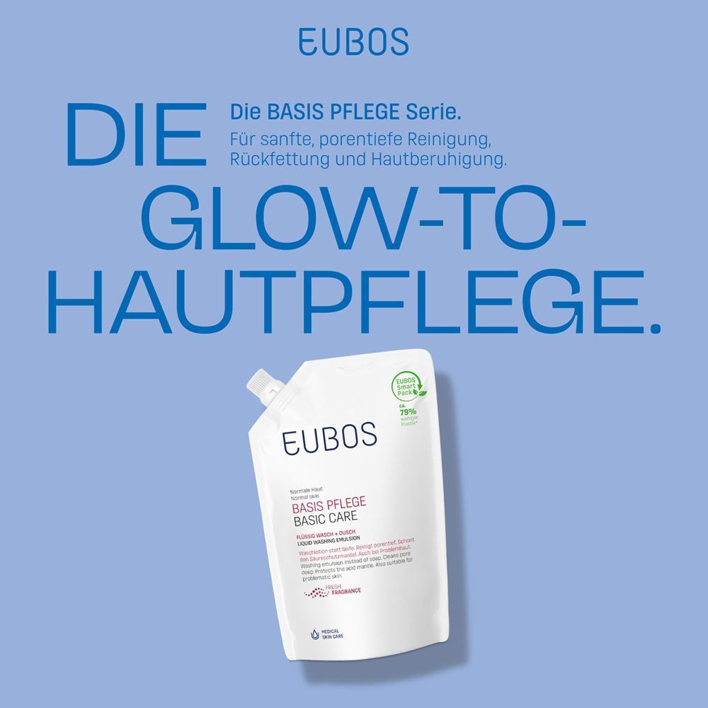 EUBOS Basis Pflege Nachfüllbeutel in einer Werbegrafik mit blauem Hintergrund.