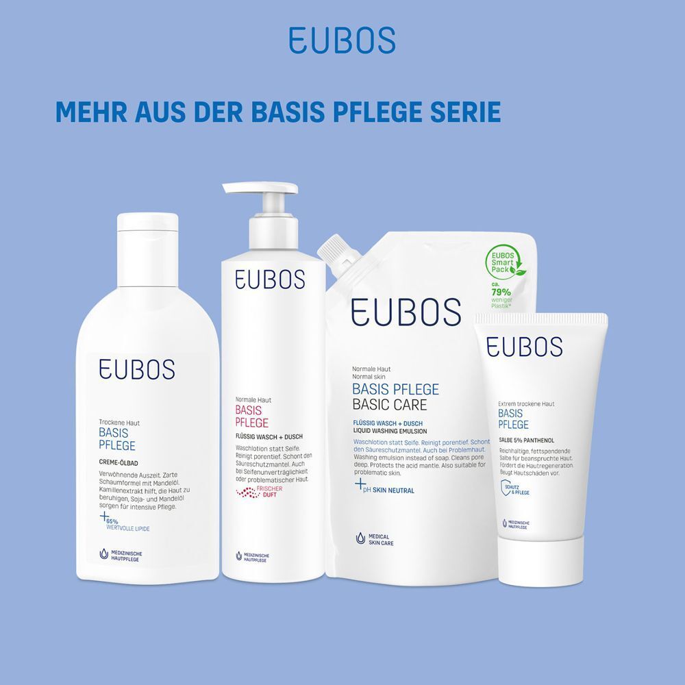 Frau mit reinem Teint, EUBOS Logo und Hinweis auf 0% Mikroplastik und Alkaliseifen.