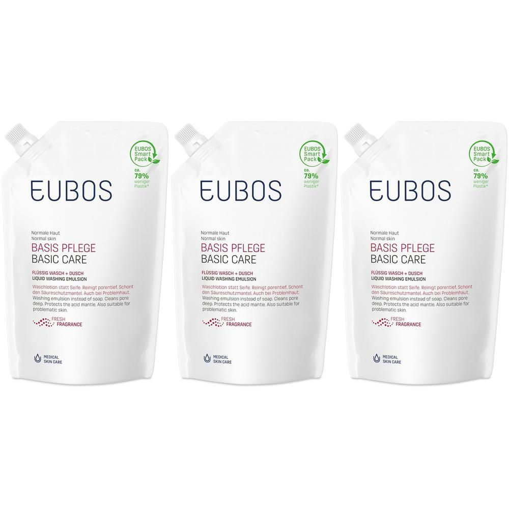 Drei Nachfüllbeutel der EUBOS Basis Pflege Flüssig Wasch + Dusch Lotion.