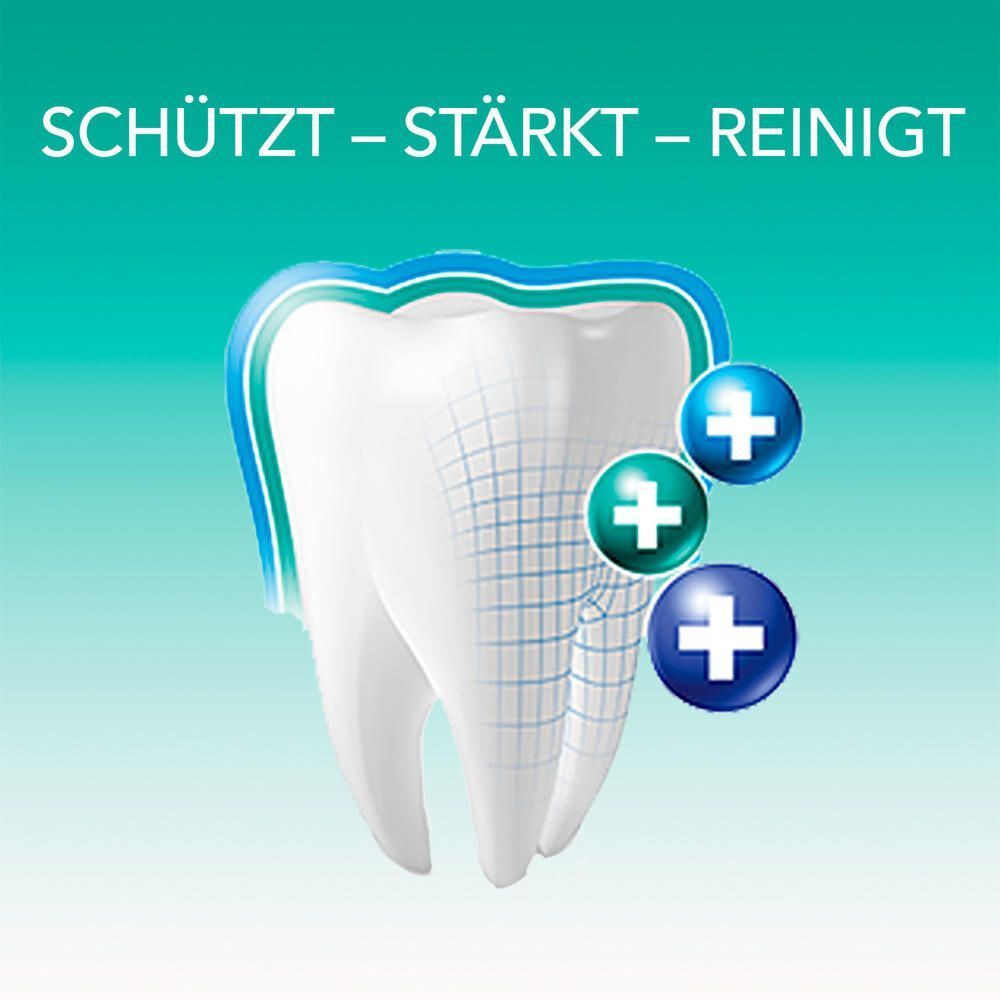 Grafik eines Zahns mit Schutzschild und drei Icons.
