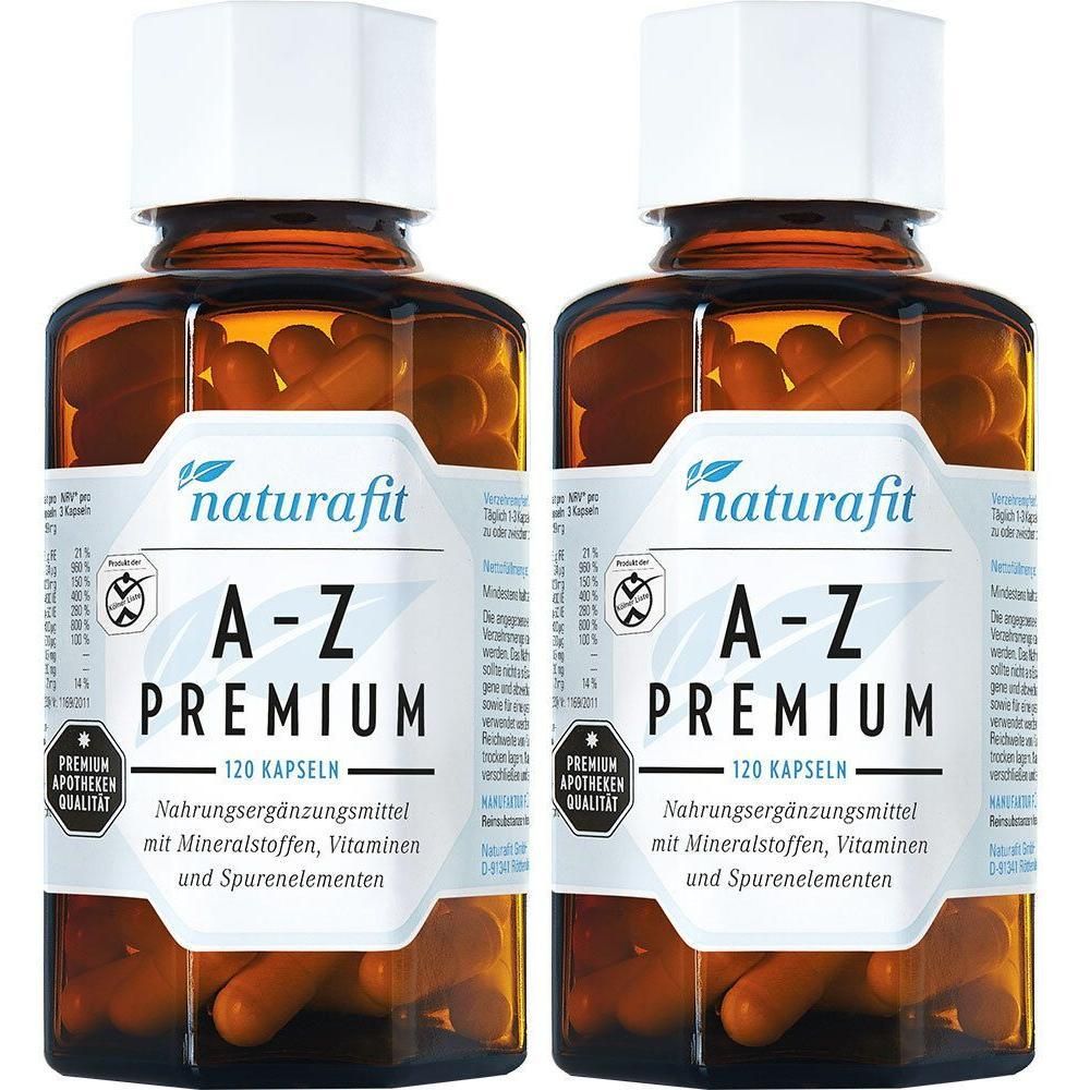 Zwei Flaschen naturafit A-Z Premium Nahrungsergänzungsmittel mit 120 Kapseln.