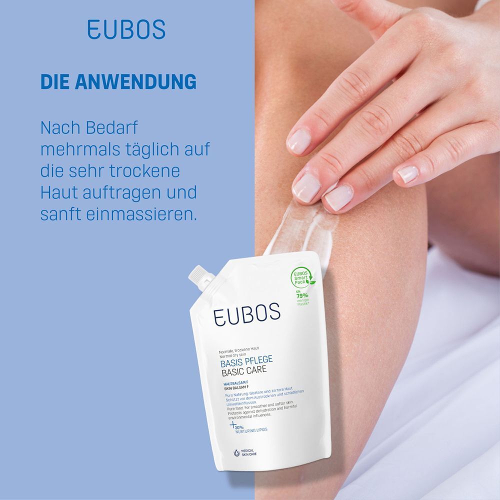 Anwendung EUBOS Basis Pflege Nachfüllbeutel auf trockener Haut.