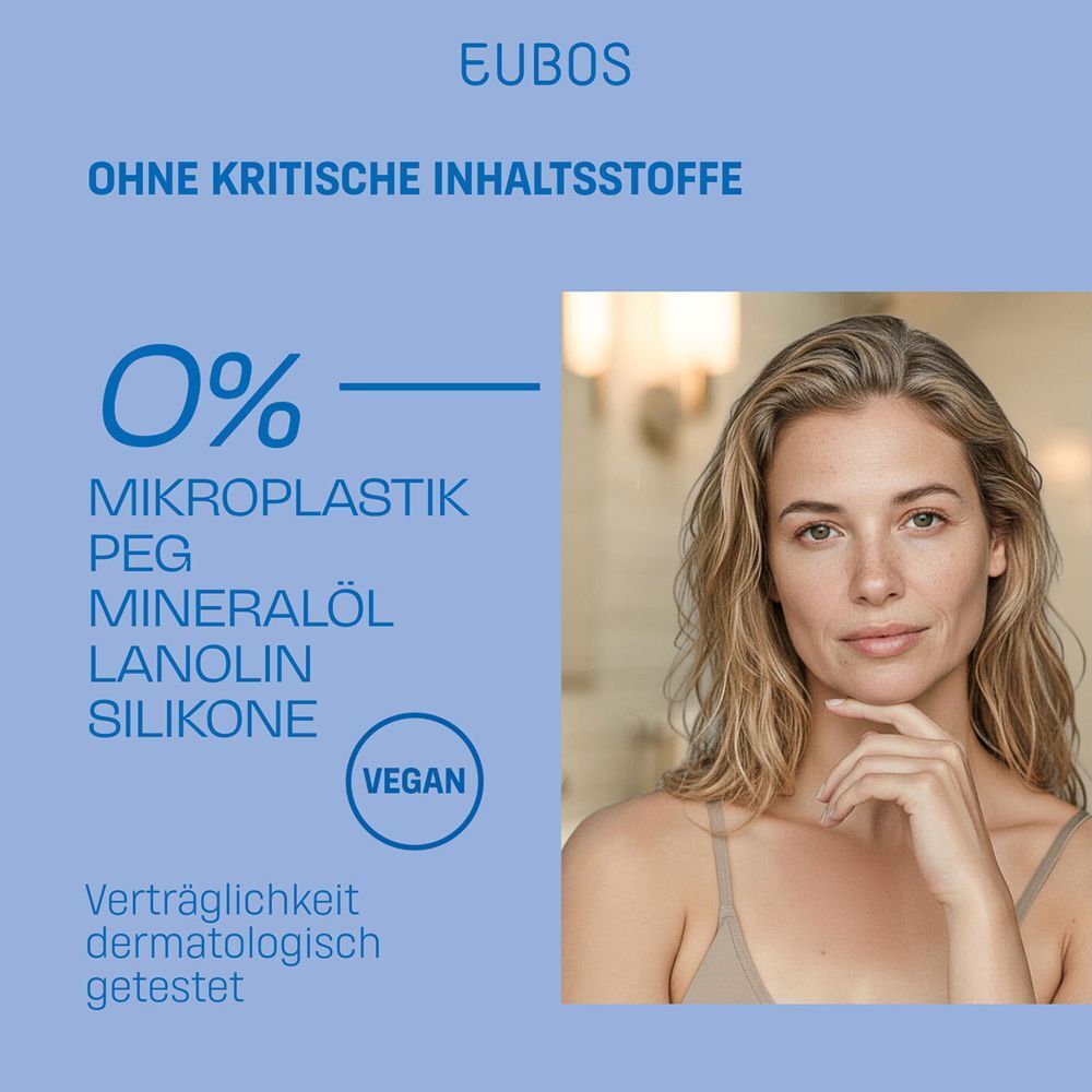 Frau mit Text über Mikroplastik, PEG, Mineralöl, Lanolin, Silikone und Vegan.