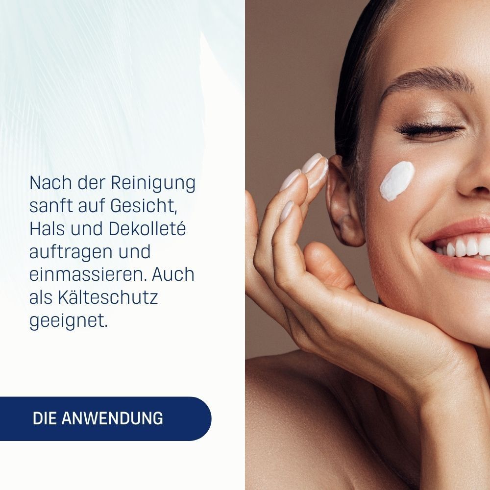 Anwendung der EUBOS Aufbaucreme auf Gesicht, Hals und Dekolleté nach der Reinigung.