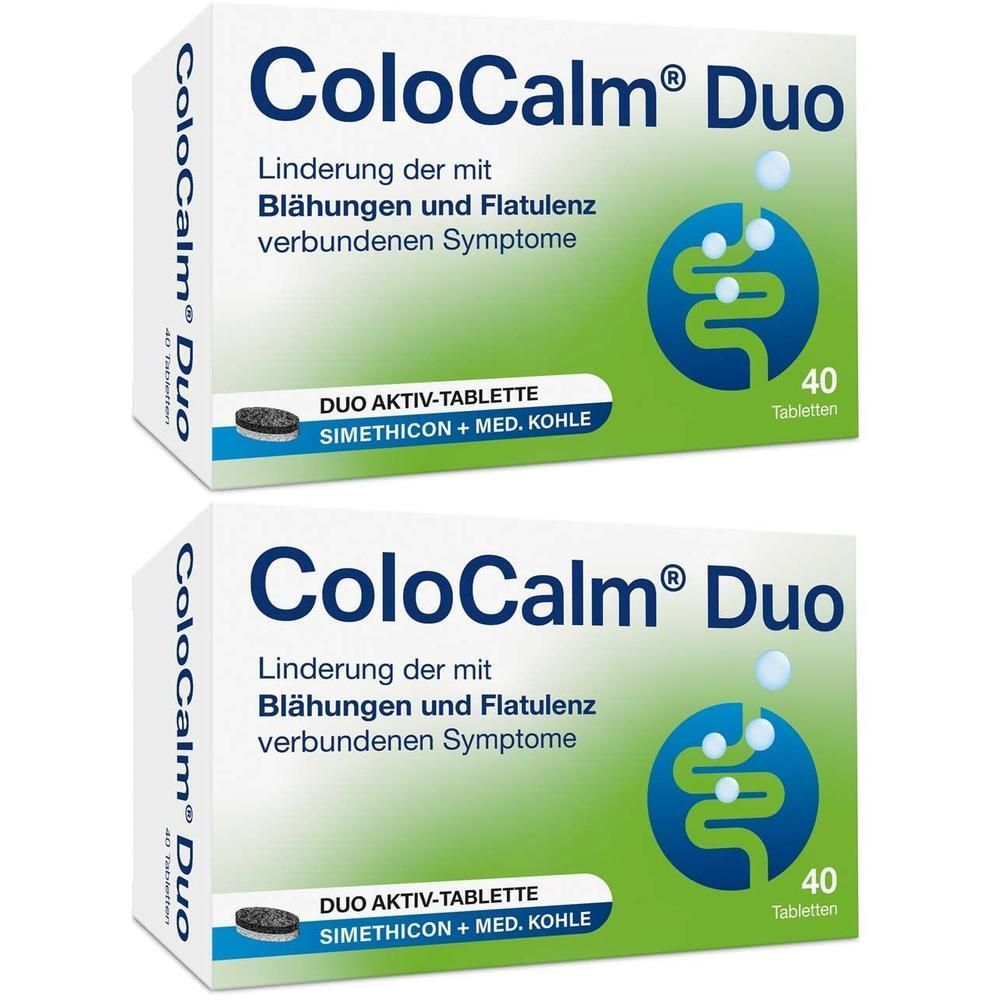 Zwei Packungen ColoCalm Duo Tabletten, jede Packung enthält 40 Tabletten zur Linderung von Blähungen und Flatulenz.