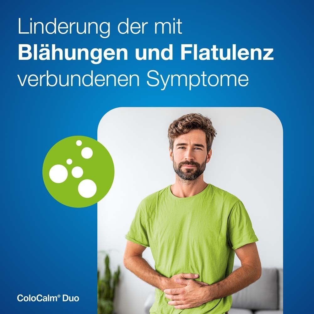 Mann hält sich den Bauch, umgeben von Blasen und dem Text 'Linderung der mit Blähungen und Flatulenz verbundenen Symptome'.
