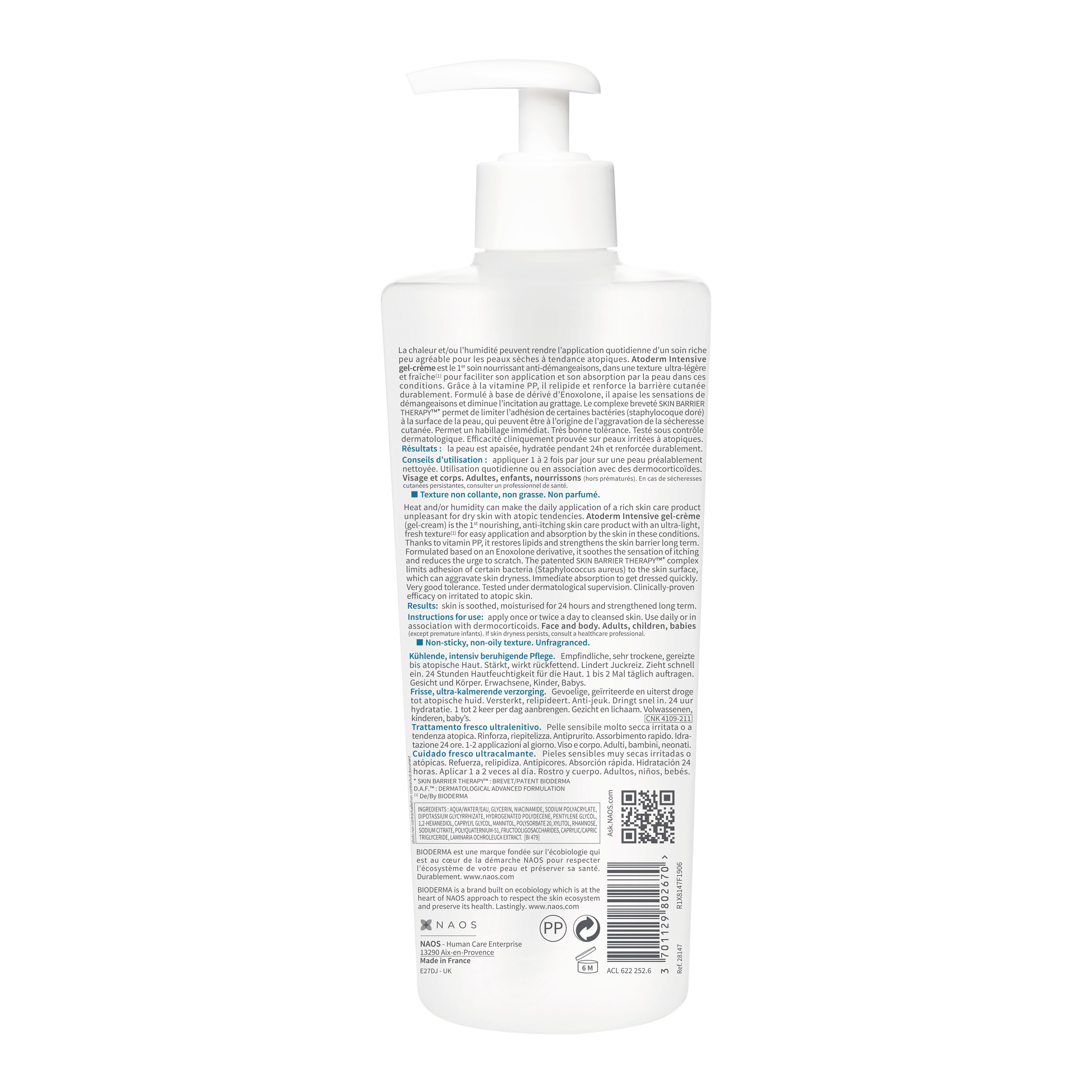 Rückseite einer BIODERMA Atoderm Intensive gel-crème Flasche mit Produktinformationen.