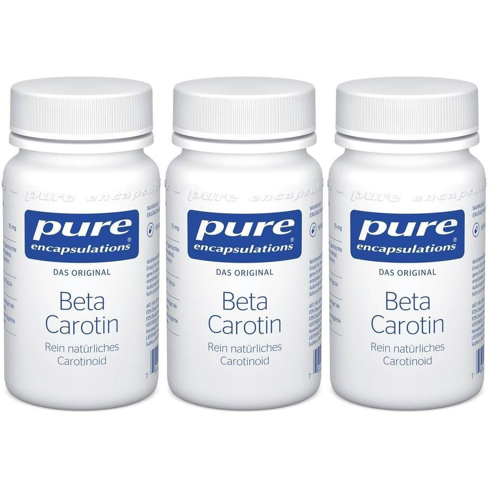 Drei weiße Flaschen Pure Encapsulations Beta Carotin mit blauen Etiketten.