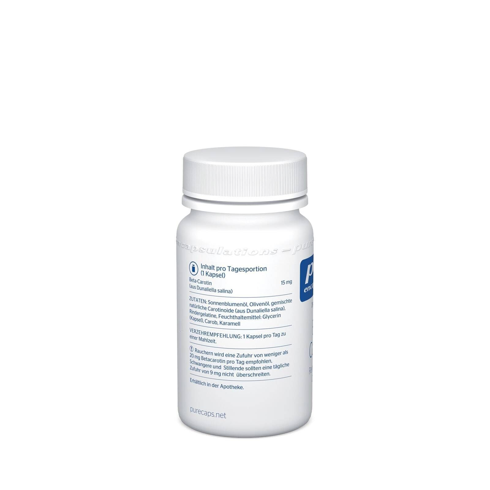 Rückseite einer weißen Flasche Pure Encapsulations Beta Carotin mit Dosierungsanleitung und Inhaltsstoffen.