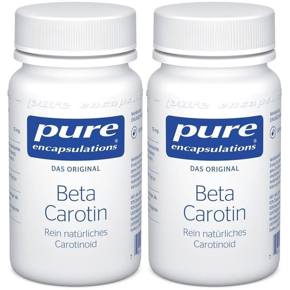 Zwei weiße Flaschen Pure Encapsulations Beta Carotin, 5mg. Klare Beschriftung mit Markennamen und Produktbezeichnung.