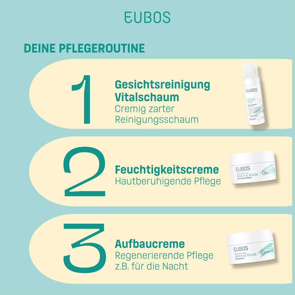 EUBOS Pflegeroutine: Reinigungsschaum, Feuchtigkeitscreme, Aufbaucreme.