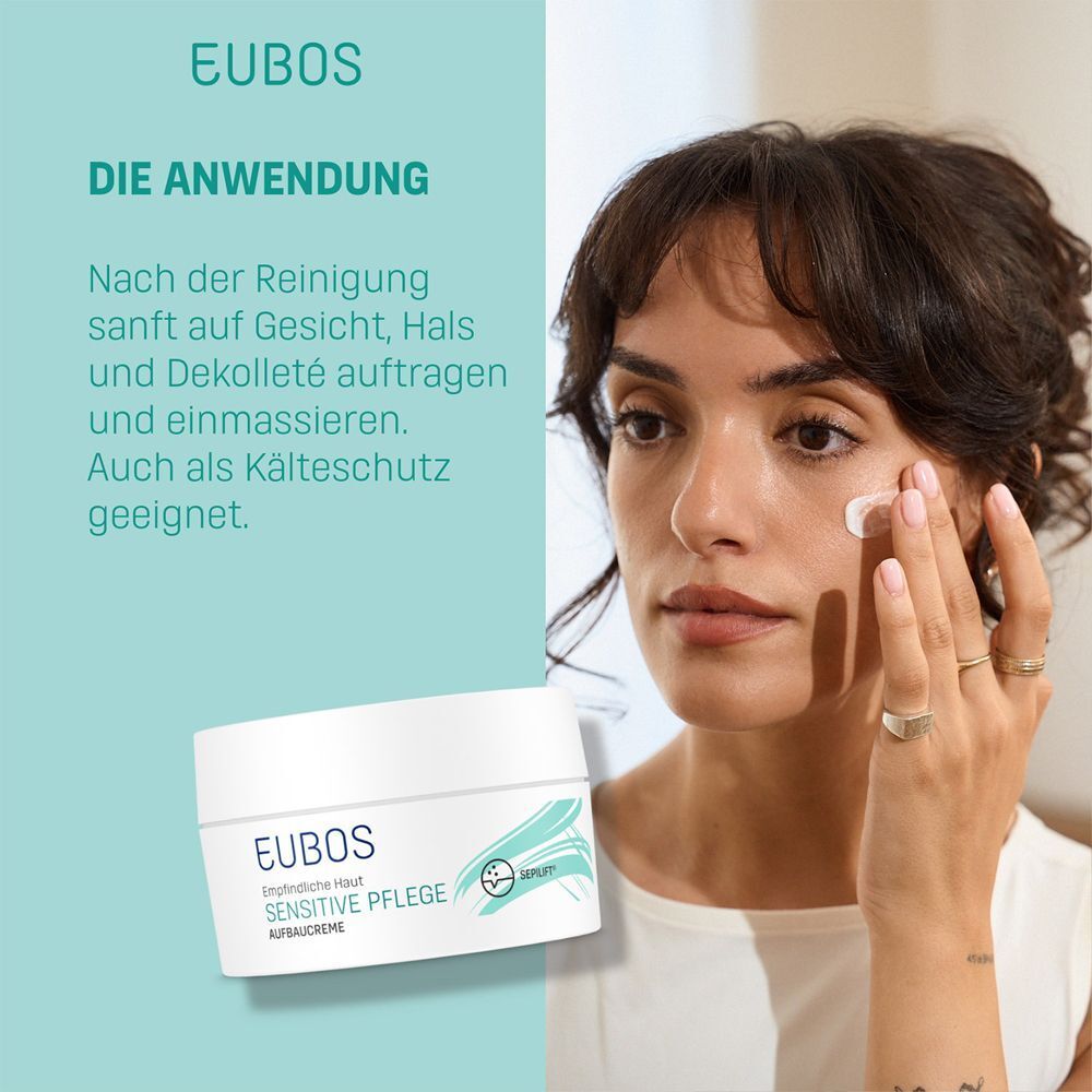 EUBOS Sensitive Pflege Aufbaucreme Anwendung: Nach Reinigung auf Gesicht, Hals, Dekolleté auftragen. Auch als Kälteschutz.