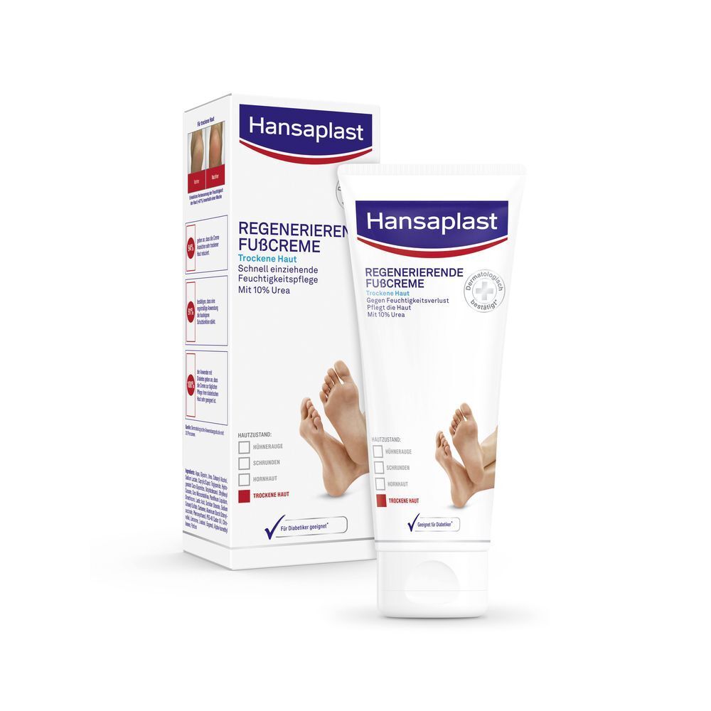 Rückseite der Hansaplast Fußcreme Verpackung mit Anwendungshinweisen und Inhaltsstoffen.