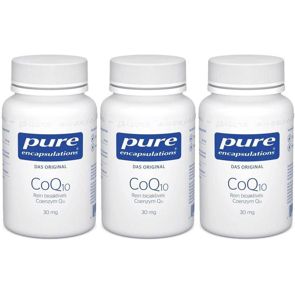 Drei Flaschen CoQ10 30 mg von pure encapsulations®.