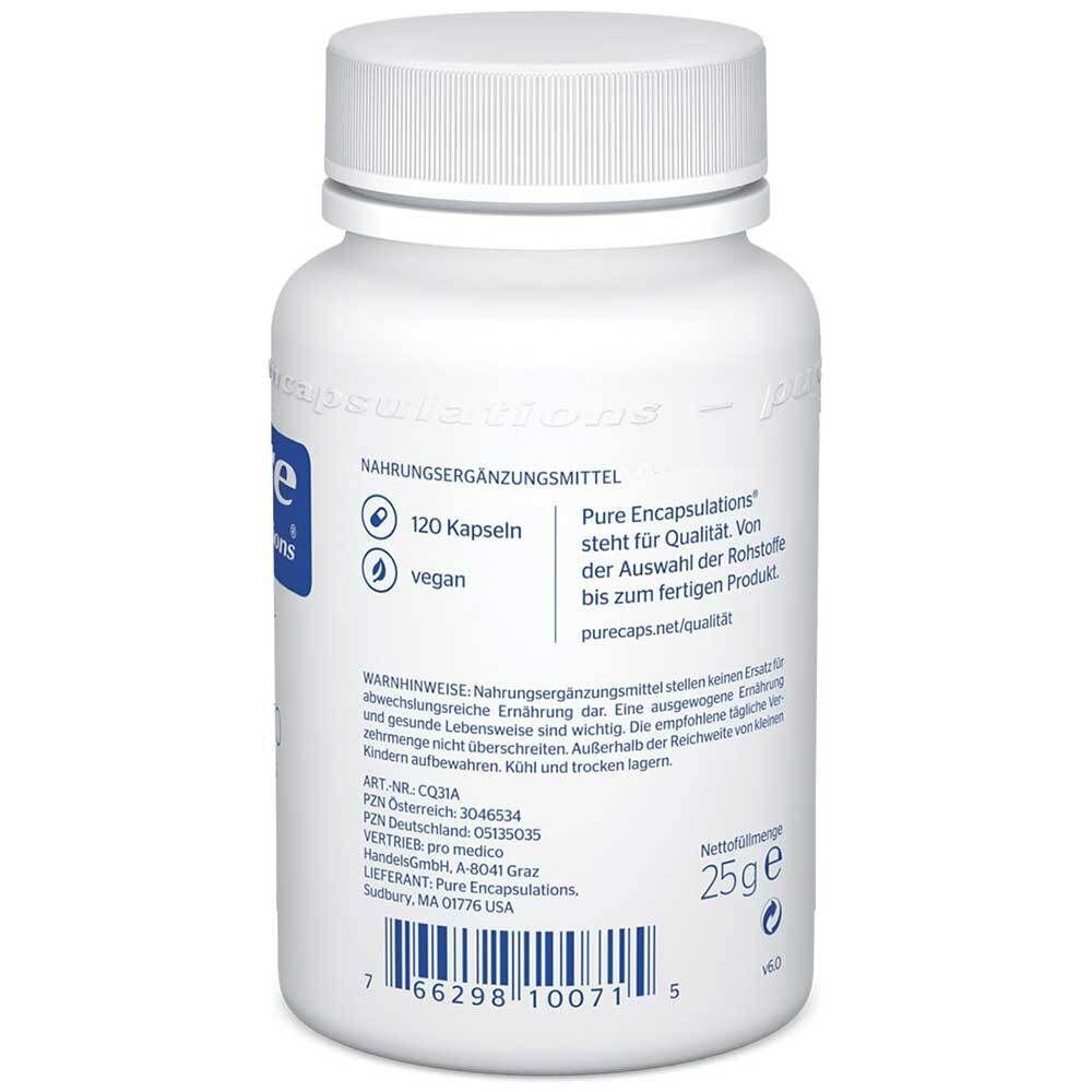 Rückseite einer Flasche CoQ10 30 mg, zeigt 120 Kapseln, vegan und Nährwertangaben.