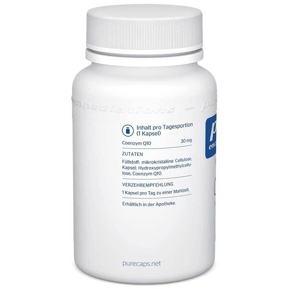 Seite einer Flasche CoQ10 30 mg, zeigt Inhaltsstoffe und Verzehrempfehlung.