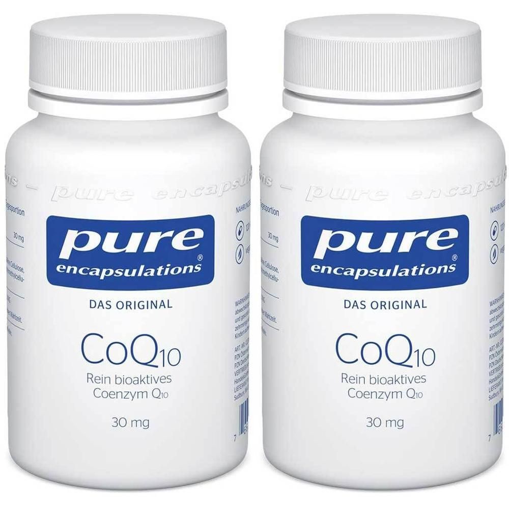 Zwei weiße Flaschen Pure Encapsulations CoQ10 30 mg mit blauen Etiketten.