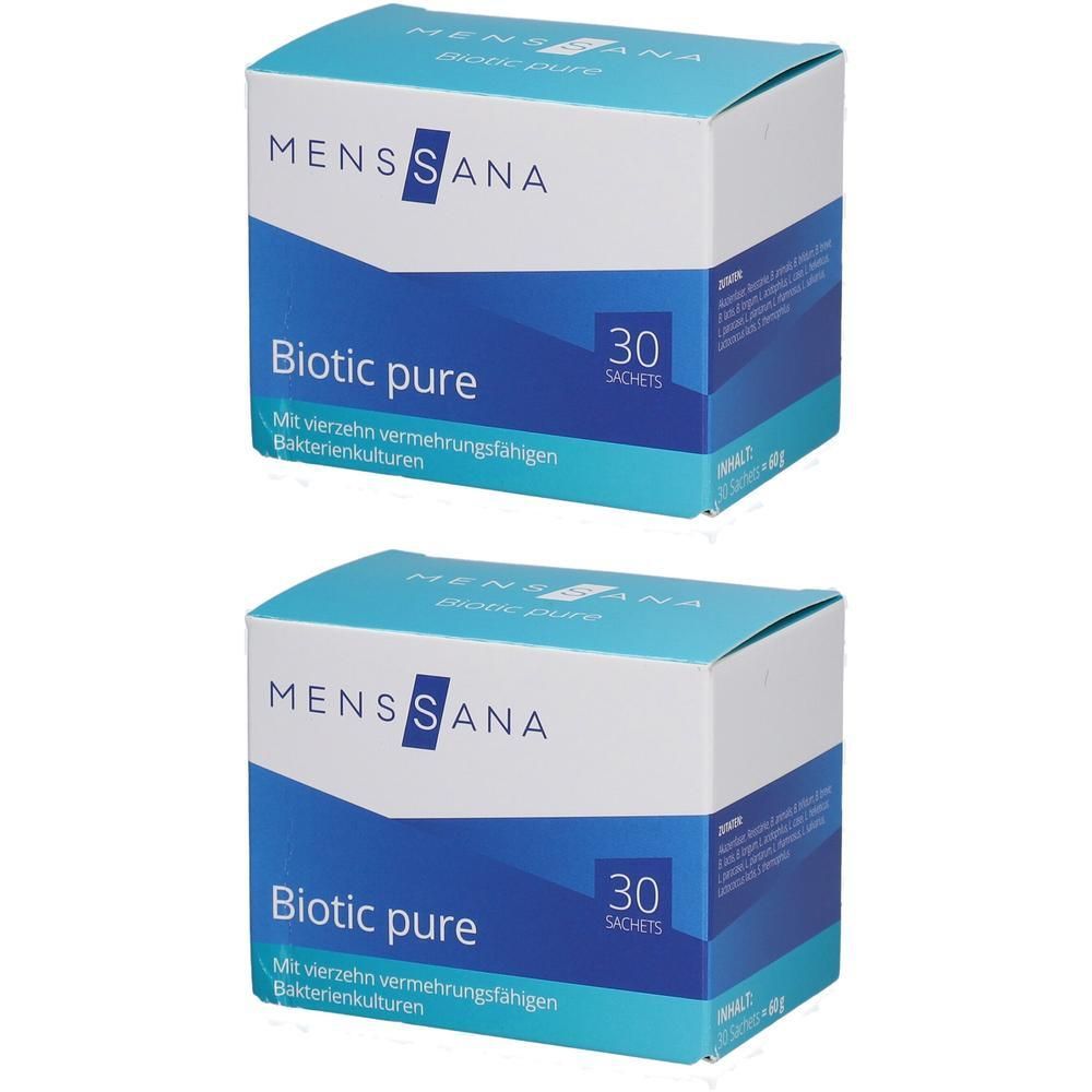 Zwei Packungen MensSana Biotic pure mit je 30 Beuteln, die vermehrungsfähige Bakterienkulturen enthalten.