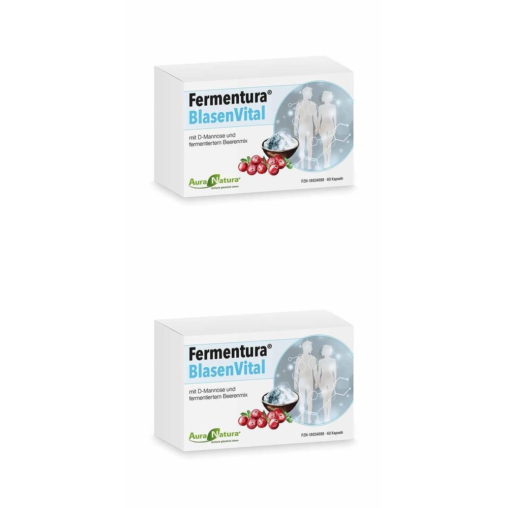 AURANATURA Fermentura BlasenVital Kapseln: Zwei Packungen mit Abbildungen von Menschen, Cranberries und Pulver.