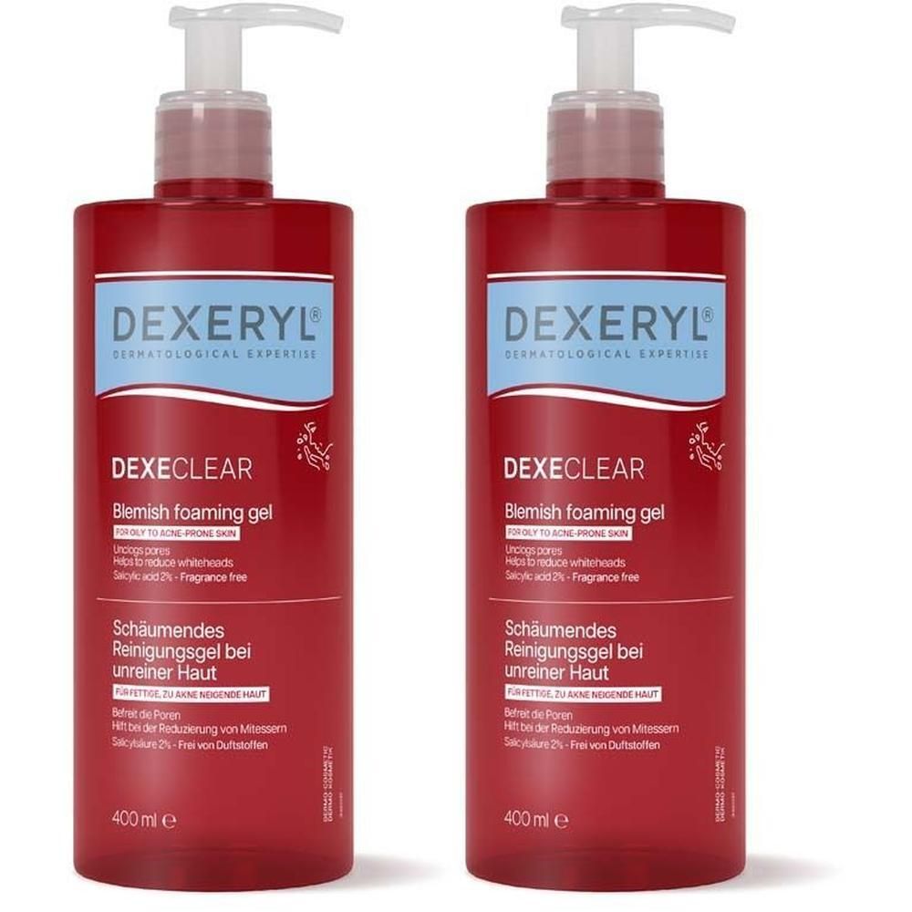 Zwei rote Pumpflaschen DEXELEAR Blemish foaming gel, 400 ml.