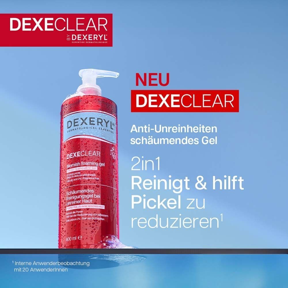 Rote Pumpflasche DEXELEAR schäumendes Reinigungsgel, 400 ml, mit Text 'NEU DEXELEAR Anti-Unreinheiten schäumendes Gel'.