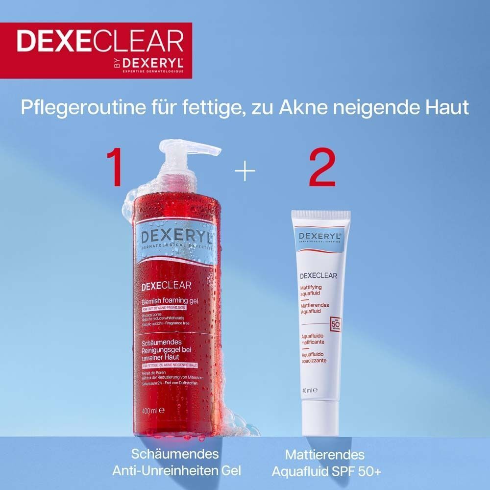 DEXELEAR schäumendes Anti-Unreinheiten Gel (400ml) und mattierendes Aquafuid SPF 50+.