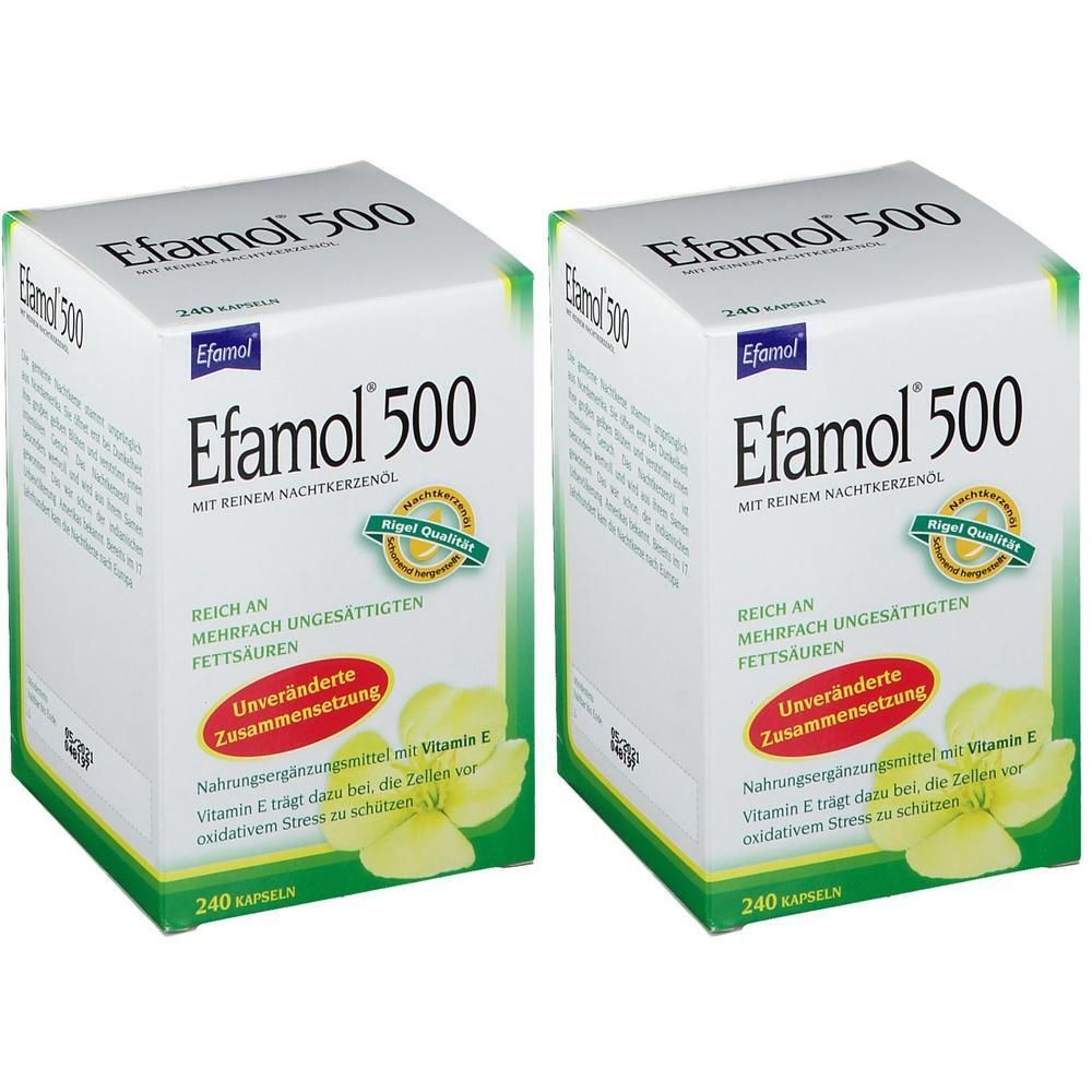 Zwei Packungen Efamol 500 mit 240 Kapseln, Nachtkerzenöl und Vitamin E.
