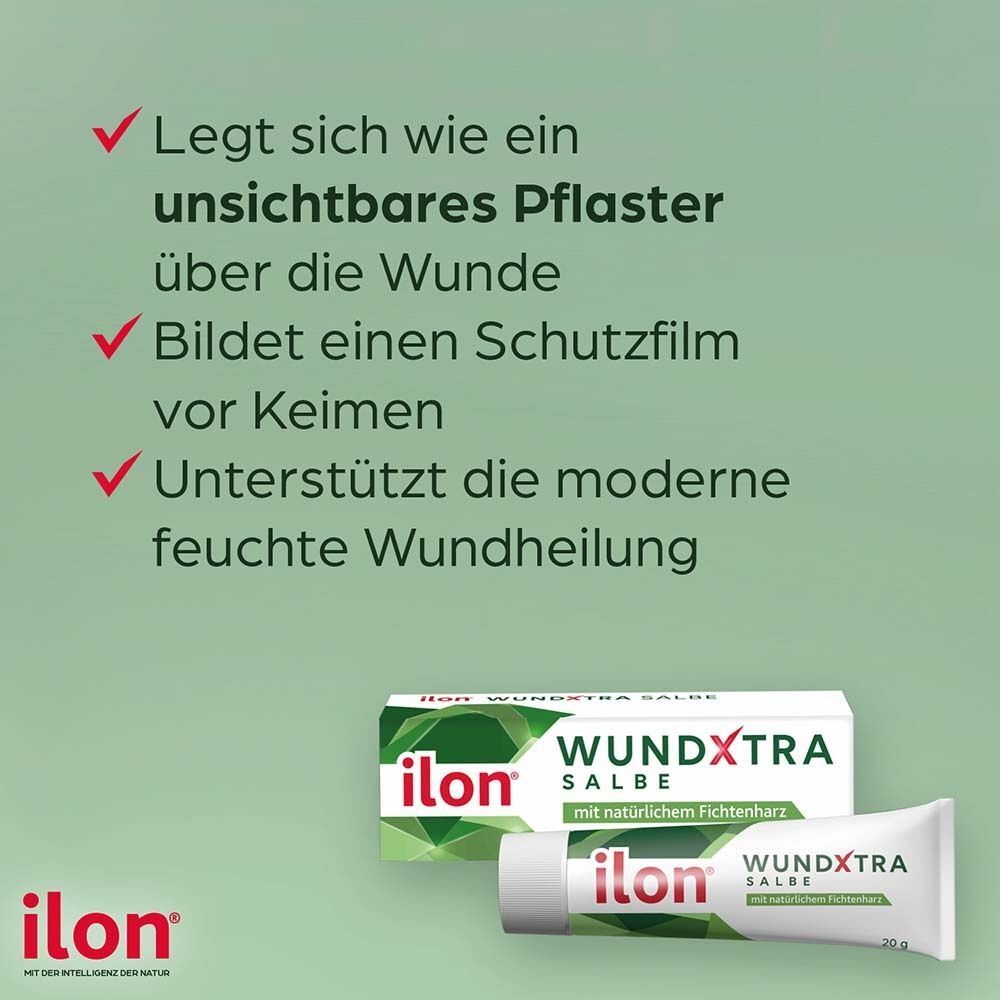 Drei Vorteile der ilon® WUNDXTRA Salbe: unsichtbares Pflaster, Schutzfilm, feuchte Wundheilung.