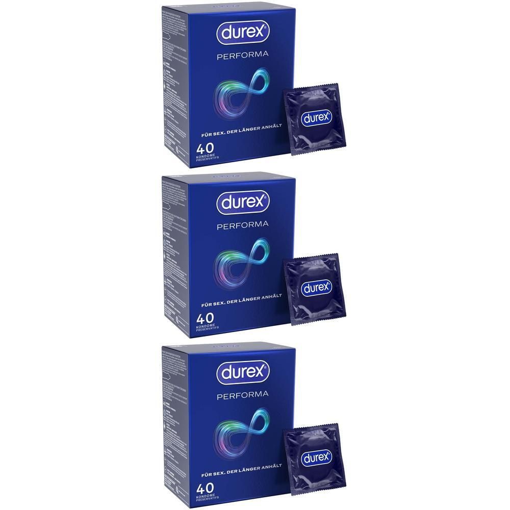 Drei Packungen Durex Performa Kondome, jeweils mit 40 Stück, und einzelne Kondom-Päckchen.