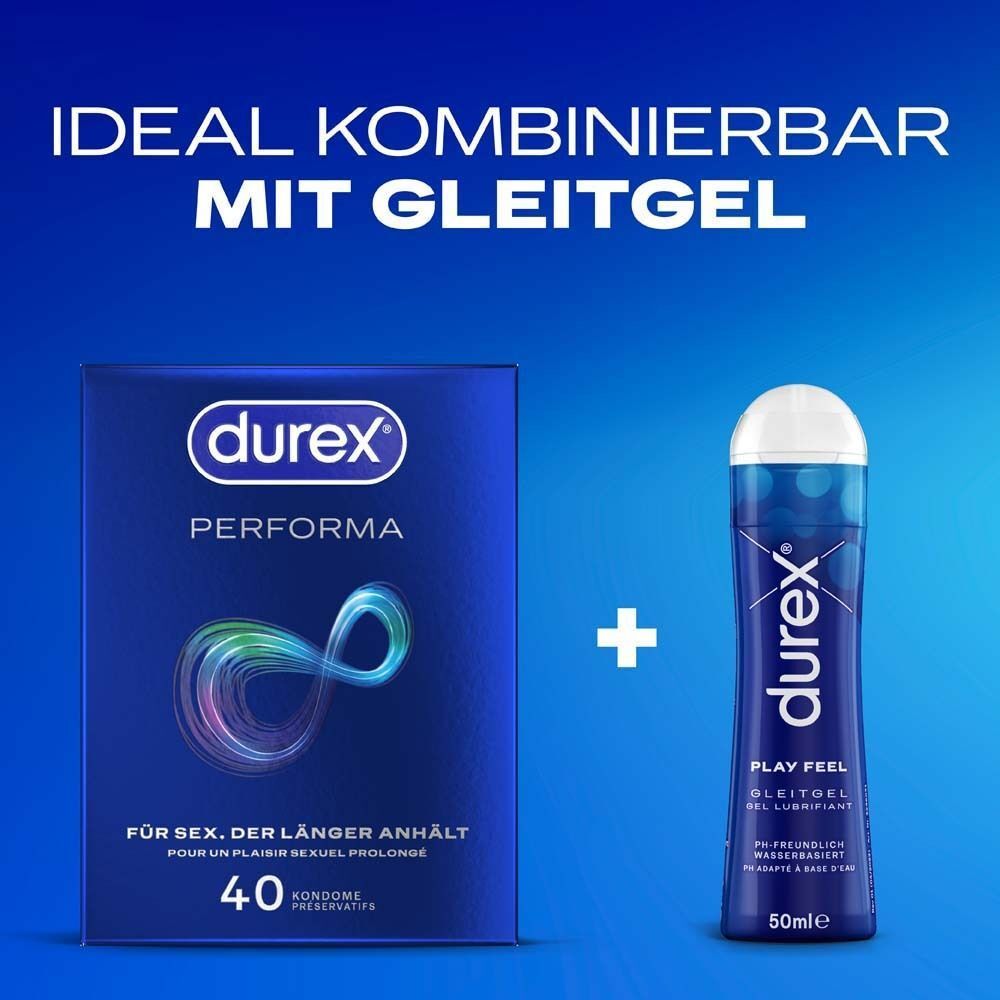 Durex Performa Kondom-Packung neben einer Flasche Durex Play Feel Gleitgel (50ml).