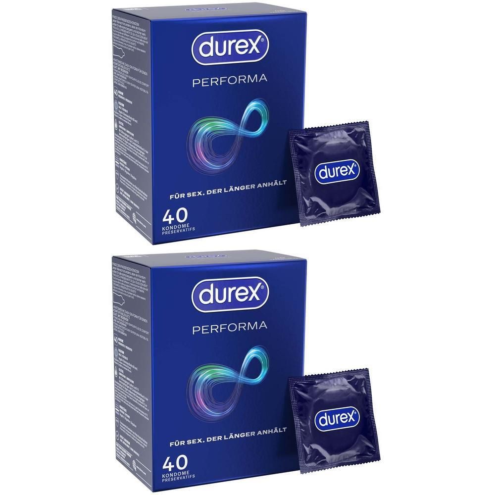 Zwei Packungen Durex Performa Kondome, jeweils mit einer einzelnen Kondomverpackung daneben.
