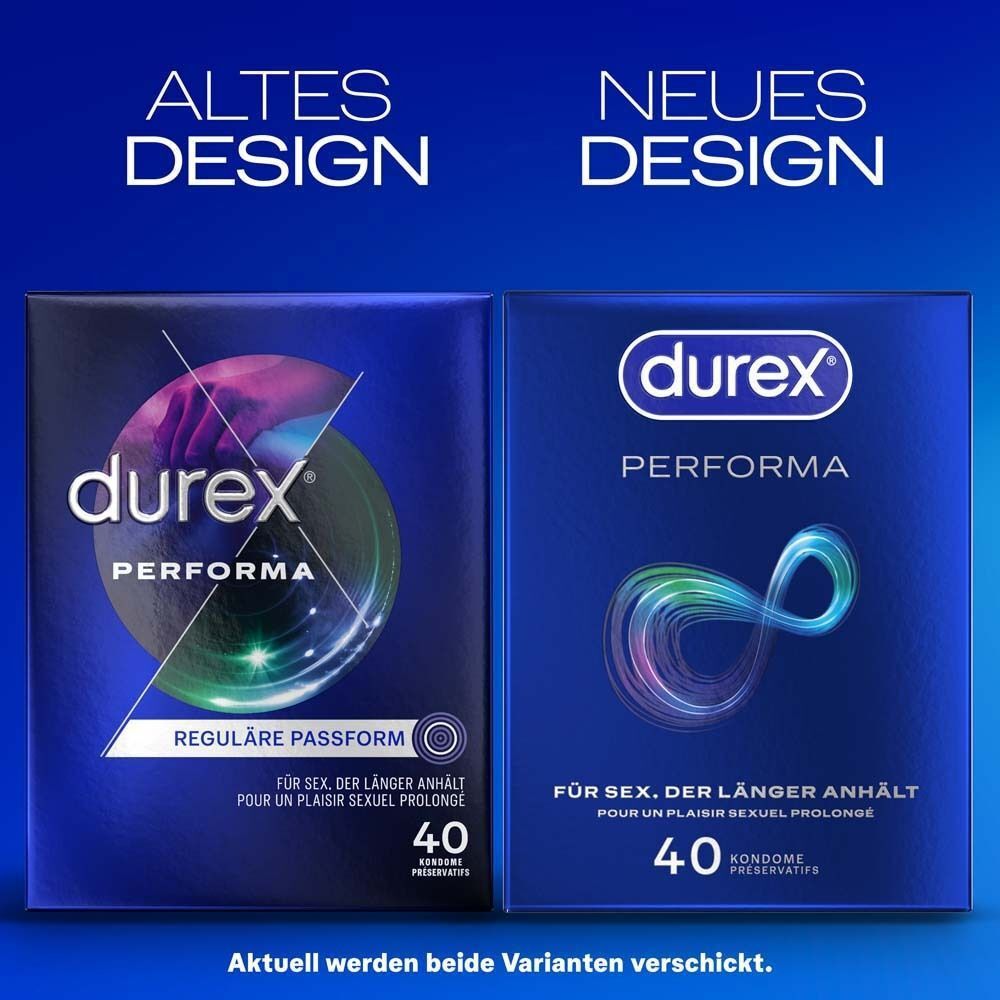 Vergleich von Durex Performa Verpackungen: Altes und neues Design nebeneinander.