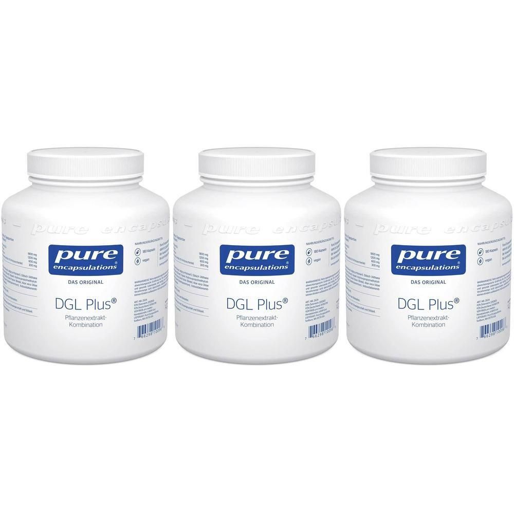 Drei weiße Behälter mit pure encapsulations® DGL Plus® Etikett.