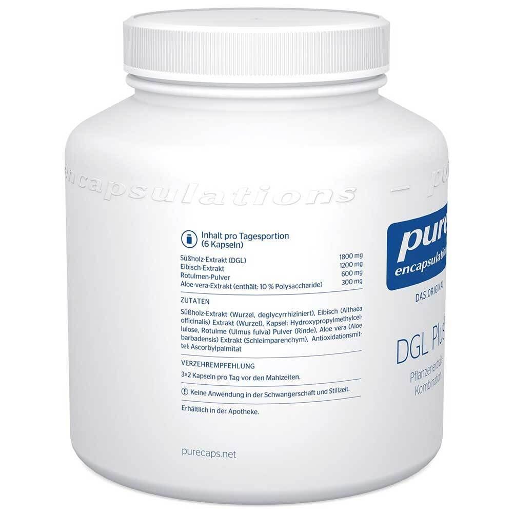 Rückseite eines weißen Behälters mit pure encapsulations® DGL Plus® Etikett, Zutaten und Dosierung.