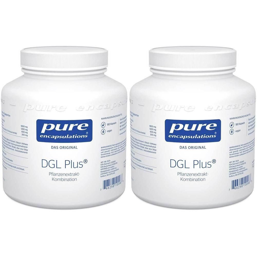 Zwei weiße Behälter mit pure encapsulations® DGL Plus® Etikett. Jede Flasche hat einen weißen Schraubverschluss.