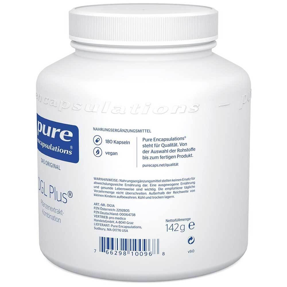 Rückseite eines weißen pure encapsulations® DGL Plus® Behälters mit Nährwertangaben und Barcode. 142g e.