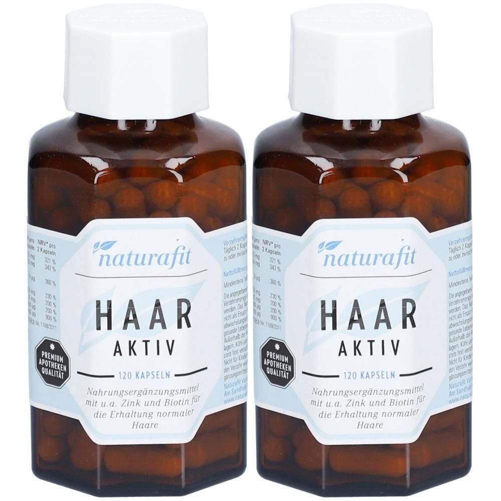 Zwei Flaschen naturafit Haar Aktiv Kapseln, 120 Kapseln pro Flasche.