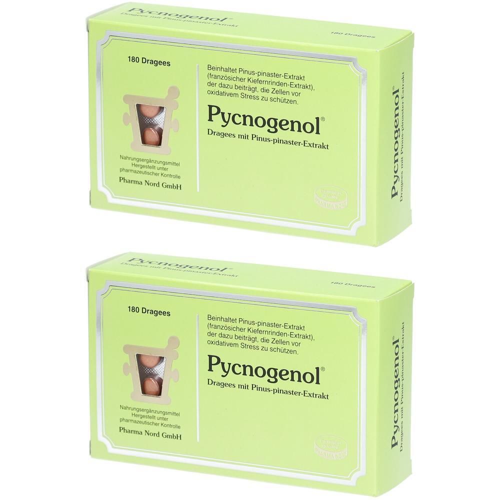 Zwei Packungen Pycnogenol Dragees mit Pinus-pinaster-Extrakt, 180 Dragees pro Packung.